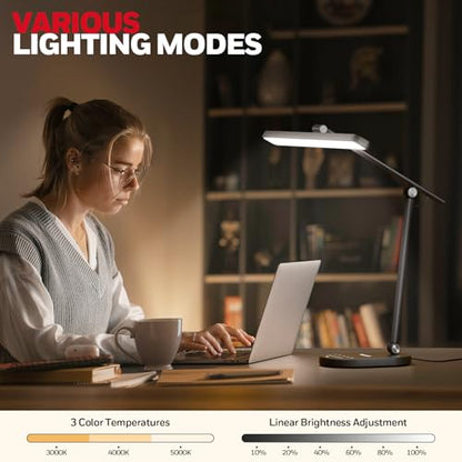 Honeywell Desk Lamp for Home Office, H4 Sunturalux™ Eye-Caring LED Desk Light, 700LM Dimmable Desk Lamp with Timer, Adjustable Desk Reading Light, Touch Auto Dimming Table Lamp for Study, Bedroom - color: Black