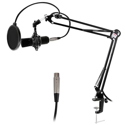 Pyle Suspension Boom Mic Stand with Shock Mount – Adjustable Desktop Mic Stand Boom Arm with Clamp, XLR Cable, Mic Clips – Heavy-Duty Microphone Stand for Podcast, Studio, Streaming, Broadcasting