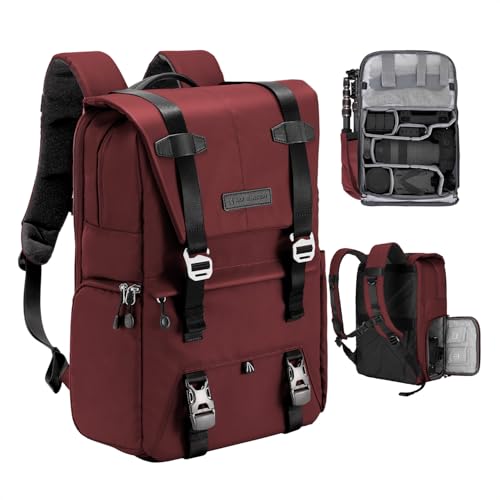 K&F CONCEPT Camera Backpack, Camera Bags for Photographers Large Capacity Camera Case with Raincover,15-15.6 Inch Laptop Compartment - color: 09-red