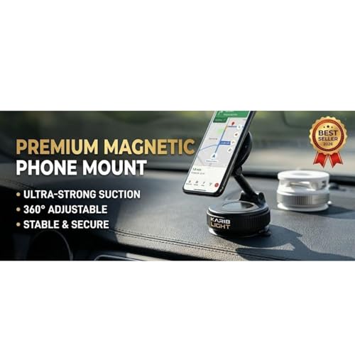 Car Mount, Magnetic Phone Holder with Washable Nano-Gel Suction for Smooth Dashboards and Windshields, 360° Rotating 3-Axis Foldable Mount for iPhone, Samsung and Android