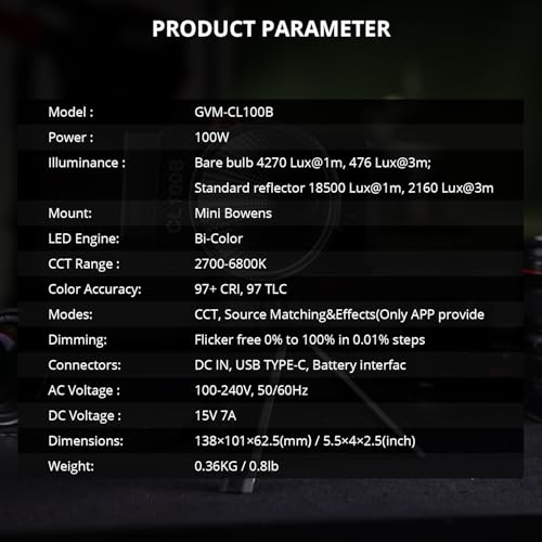 GVM 100W LED Video Light,Professional Photography Lighting Portable Continuous Output Lighting 2700K~6800K,18500 lux@1m with Standard Reflector for Studio Photography