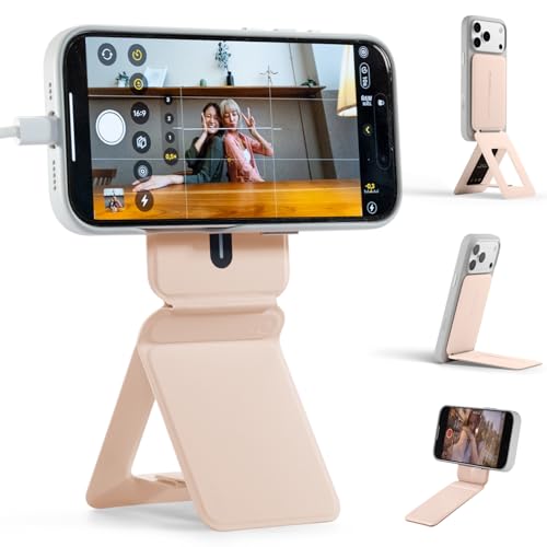 MOFT Magnetic Phone Stand, Invisible MagSafe Tripod with Angle Adjustment, Stain-Resistant MOVAS Leather Cell Phone Stand for iPhone 17/16/15/14/13/12, Foldable Office Desk Accessories-Peach Pink - color: Peach Pink, size: Without Card Slot