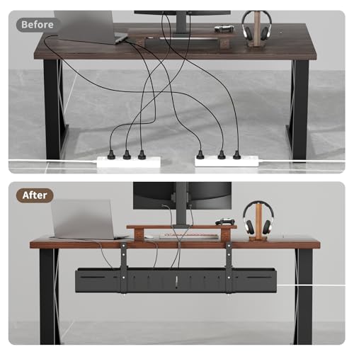 Under Desk Cable Management Tray, Expandable 25.2"–38.6", No Drill Clamp Mount, Cord Management Heavy Duty Carbon Steel Standing Cord Organizer for Home, Office, Gaming, Desk, Black