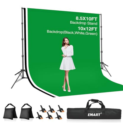 EMART 8.5x10ft Green Screen Backdrop Kit with Sand Bag, Photography Background Support System with 10x12ft Polyester Backdrop(Black/White/Green) for Photography, Parties, Wedding, Video Shooting - size: 8.5x10ft(backdrop stand)/10x12ft(backdrop)