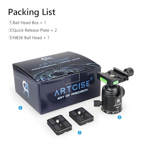 ARTCISE Tripod Ball Head Camera Tripod Ball Head Mount 36mm Diameter Ball ARTCISE All Metal CNC Professional Aluminium 360 Rotating Panoramic Ball Head Max Loading 33lbs