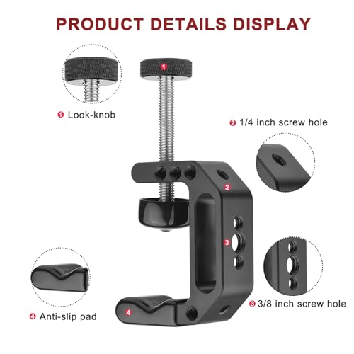 Microphone Holder C Clamp with 1/4" and 3/8" Threaded Holes, Mic Clip for Radio Studio, Podcast, Gaming, 5/8" Mic Screw Adapter for Microphones, Max Load 12lb / 5kg