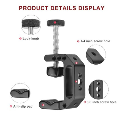 Microphone Holder C Clamp with 1/4" and 3/8" Threaded Holes, Mic Clip for Radio Studio, Podcast, Gaming, 5/8" Mic Screw Adapter for Microphones, Max Load 12lb / 5kg