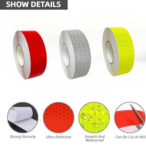 Reflective Tape, 3 Rolls, Red/White/Green, 1" x 10 ft Each | High-Vis Waterproof Self-Adhesive Safety Tape for Trailers, Vehicles, Clothing, Outdoor Night Visibility, 30 ft Total