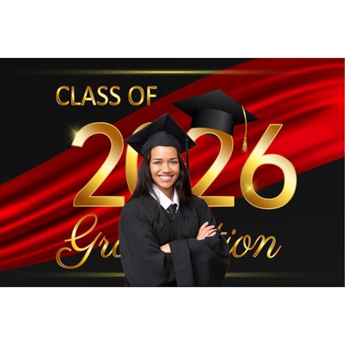 12x10ft Class of 2026 Graduation Backdrops for Photography Black Gold Red Streamer Bachelor Hat Photo Background Grad Congrats Party Banner Background Prom Party Supplies Decorations - size: 12x10ft