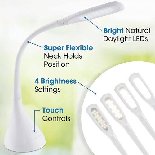 OttLite Creative Curves LED Desk Lamp, White | Natural Daylight LEDs | 4 Brightness Settings | Adjustable Flexible Neck | 11.25 to 23.75 inches - color: White