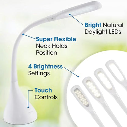 OttLite Creative Curves LED Desk Lamp, White | Natural Daylight LEDs | 4 Brightness Settings | Adjustable Flexible Neck | 11.25 to 23.75 inches - color: White