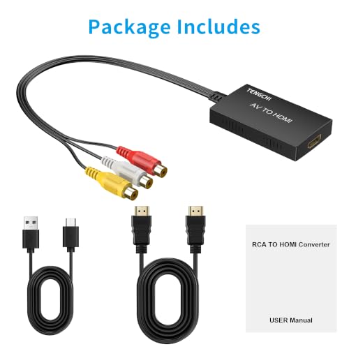 Tengchi RCA to HDMI Converter, Composite to HDMI Adapter Support 1080P PAL/NTSC Compatible with PS one, PS2, PS3, STB, Xbox, VHS, VCR, Blue-Ray DVD Players