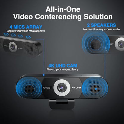 EMEET C980 PRO 3-in-1 4K Webcam with Microphone and Speaker, 60°-98° Wide Angle Webcam w/ 4 Noise Cancel Mics, 2 Speakers, Fixed Focus, Magnetic Privacy Cover, Great for Group and Personal Video Calls - style: 4K with 4Mics 2Speakers