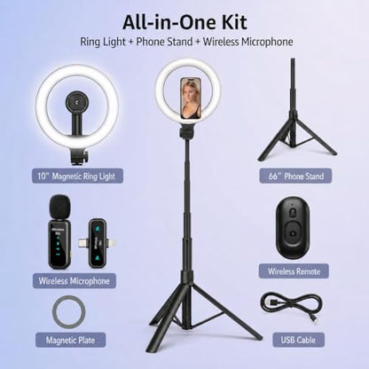 Ring Light with Stand and Wireless Microphone, 10" Magnetic Selfie Light 5000mAh Rechargeable 3000K-6500K, 71" Tripod with Extra Phone Holder, All-in-One Content Creator Kit for Live Stream Vlog