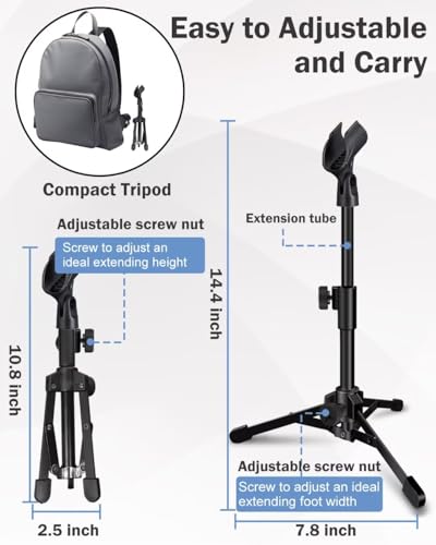 Desktop Mic Stand Portable Foldable Tripod with Mic Clip Holder and 5/8" Male to 3/8" Female Screw Adjustable Microphone Stand.