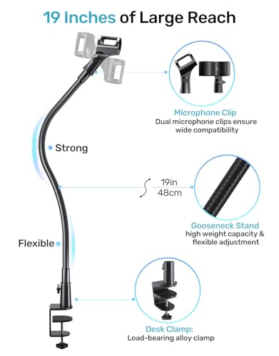 Gooseneck Mic Stand with Clamp, 19-Inch Flexible Desktop Microphone Arm Holder with 3/8" & 1/4" Screw Adapters, 360° Adjustable, Ideal for Podium, Pulpit, Lecture, Conference and Live Streaming - size: Upgraded Clamp