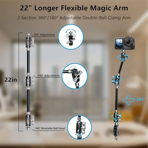 GEEKOTO 22" Magic Arm, Overhead Phone Mount with 360Dual Ball Head, CNC Aluminum Desk Camera Mount for Photography & Content Creation, Camera, Phone Holder,Filming, Action Camera, LED Light, Webcam - style: Desk Clip&Phone Clip