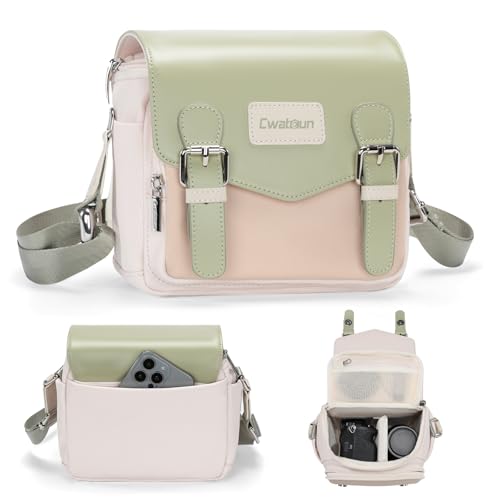 Cwatcun Camera Messenger Bag, Waterproof Flap Camera Crossbody Shoulder Case with Tripod Holder, Travel Photography Bag for Canon, Nikon, Sony, Fuji DSLR/SLR/Mirrorless Camera, Lens （Light Green）, S - color: Light Green, size: S