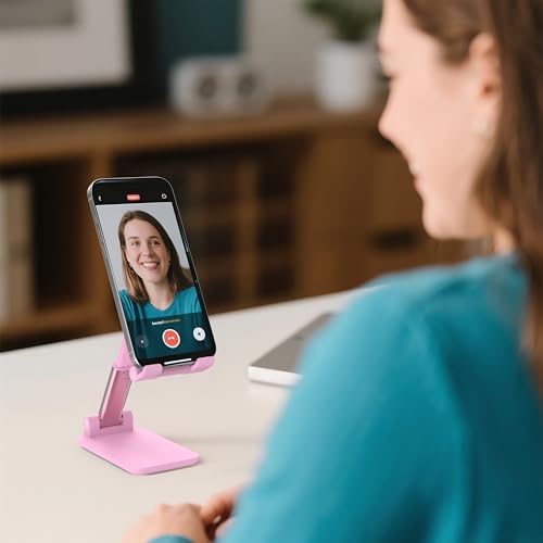 Cell Phone Stand, Adjustable Angle and Height Cell Phone Holder for Desk, Foldable and Portable, Anti-Slip Silicone Pad, Compatible with All Mobile Phones and 4-8 Inch Devices, Pink - color: Pink