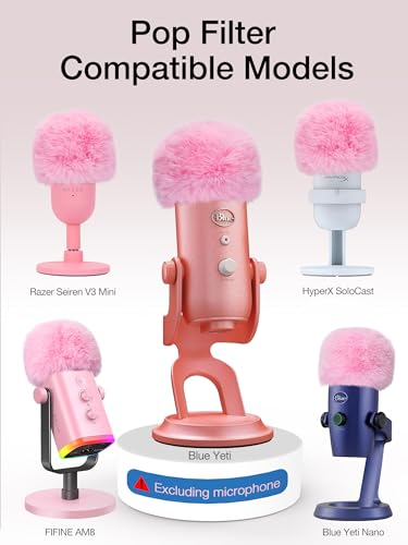 SUNMON Blue Yeti Microphone Pop Filter, Mic Cover Furry Foam for Blue Yeti, Fifine AM8, HyperX SoloCast, Razer Seiren V3 Mini Microphones and Most Mic (Pink)