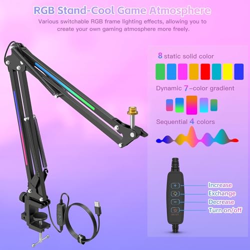 Technical Pro MKL2 Microphone Boom Arm Stand with LED Lighting - 27.6" Articulating Arm, 360° Rotation, Spider Shock Mount, C-Clamp - duoCo StripX App Control - 5V USB Power - 3.5 lb Capacity - Black