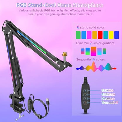 Technical Pro MKL2 Microphone Boom Arm Stand with LED Lighting - 27.6" Articulating Arm, 360° Rotation, Spider Shock Mount, C-Clamp - duoCo StripX App Control - 5V USB Power - 3.5 lb Capacity - Black