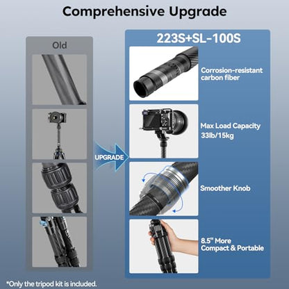 SIRUI Mini Carbon Fiber Tripod with Extendable Center Column, Max Height 26", Supports 33lbs - Ultra-Light 1.7lbs for Desk & Travel, New Anti-Corrosion Carbon Fiber(AM-223S+SL-100S) - style: Center Column Tripod