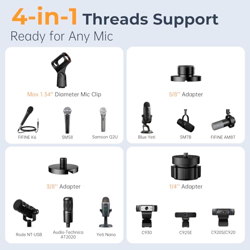 Desktop Microphone Stand, Adjustable Mounting Arm with Multiple Threads for Blue Yeti, Fifine, HyperX and More Mics, Webcams, Cameras - Ideal for Recording, Podcasting, Streaming