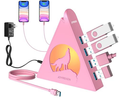 Powered USB Hub 3.0, 6-Port Hub(4 USB 3.0 Data Ports + 2 Smart Charging Ports) with 48W AC Adapter, RGB Light, Compatible with PC, Laptop, Mac, External Hard Drives, PS4, Fast Charging for Phone(Pink) - color: Pink