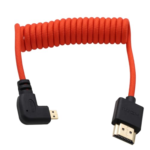 Micro-HDMI to HDMI 8K 4K 60p Red Braided Coiled 30cm Cable for Canon R5C R8 R10 Sony A7C A7RIV X-T50 Sigma FP Camera ATOMOS Ninja V Ultra Feelword Monitor, Type A D HDMI 2.1 - color: Red, size: Left Angle to Straight