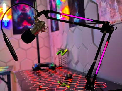 Technical Pro MKL2 Microphone Boom Arm Stand with LED Lighting - 27.6" Articulating Arm, 360° Rotation, Spider Shock Mount, C-Clamp - duoCo StripX App Control - 5V USB Power - 3.5 lb Capacity - Black