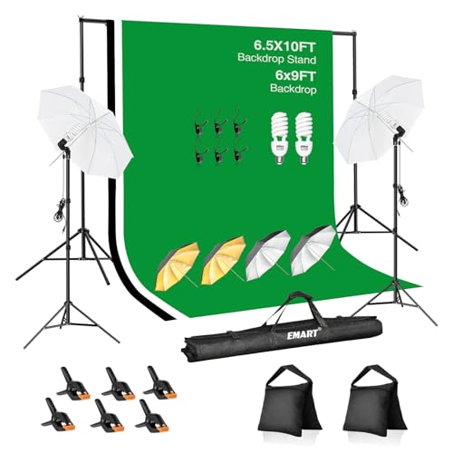 EMART 6.5x10ft Backdrop Support System, Professional Photography Lighting Kit with 45W CFL Blub, Umbrellas, 6x9ft Backdrop(White/Black/Green) for Photography Studio, Portrait, Video Shooting - color: Green/Black/White, size: 6.5*10ft Stand/6*9ft Backdrop