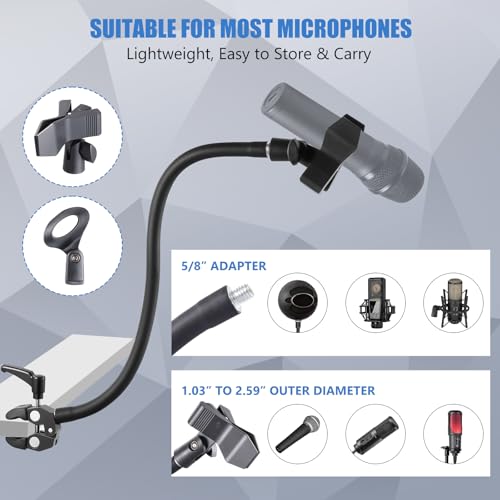 Gooseneck Microphone Stand, Flexible Microphone Holder with 2 Universal Mic Clip, Mic Stand Desk with 3/8" to 5/8" Adapter for Music Stand Tripod & Desktop, Podcast, Live Streaming, Recording Studio