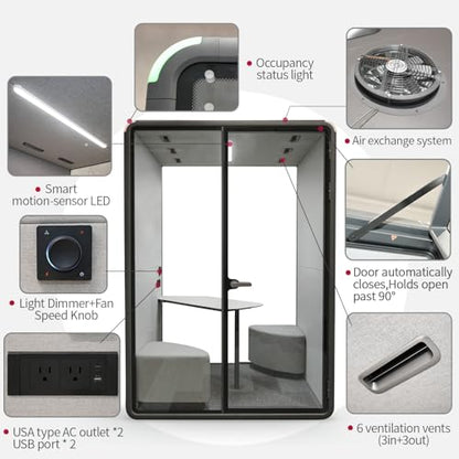 Soundproof Office Pod Booth, 2 Person Meeting Pod Black, Quiet Meeting Pod with Acoustic Panels, Portable Modular Pod, Mobile Sound Proof Booth, Privacy Phone Booth for Calling H92in W63in D55in