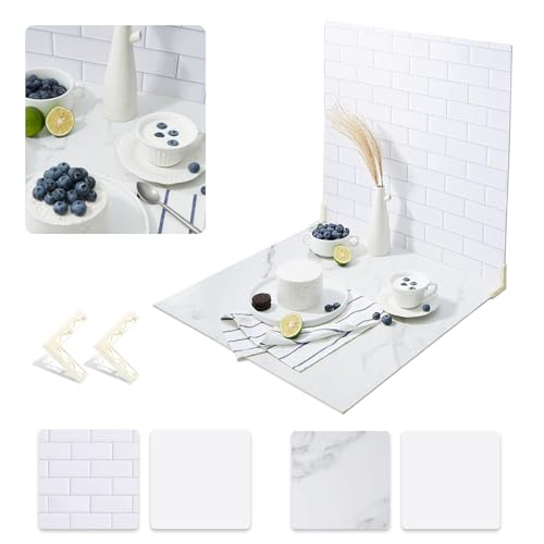 2 PCS Boards Photo Backdrop for Flat Lay, Food Photography Background 24x24 Inch, White Marble Subway Tile Tabletop Backdrop Board BEIYANG - color: Marble+Subway Tile