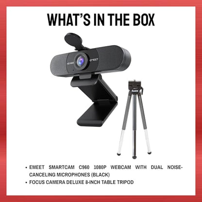 EMEET SmartCam C960 1080P Webcam with Dual Noise-Canceling Microphones (Black) Bundle with 8-Inch Table Tripod (2 Items)