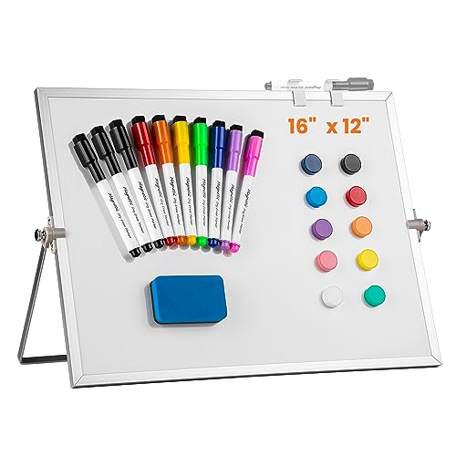 Dry Erase White Board, Aisuoker 16 x 12inch Magnetic Desktop Whiteboard with Stand,10 Markers, 10 Magnets and 1 Eraser, Portable Double-Sided White Board for Kid Drawing Memo to Do and List Wall-White - color: White