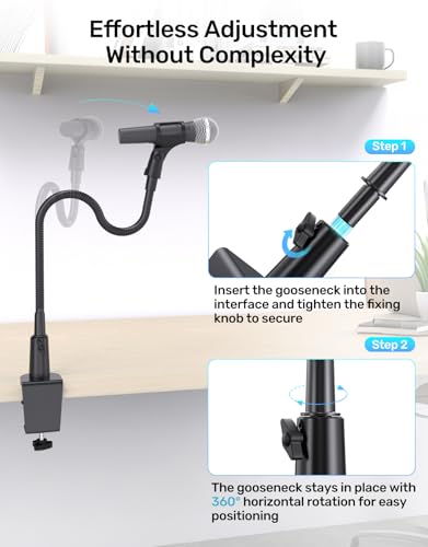 Gooseneck Mic Stand with Clamp, 19-Inch Flexible Desktop Microphone Arm Holder with 3/8" & 1/4" Screw Adapters, 360° Adjustable, Ideal for Podium, Pulpit, Lecture, Conference and Live Streaming - size: Upgraded Clamp
