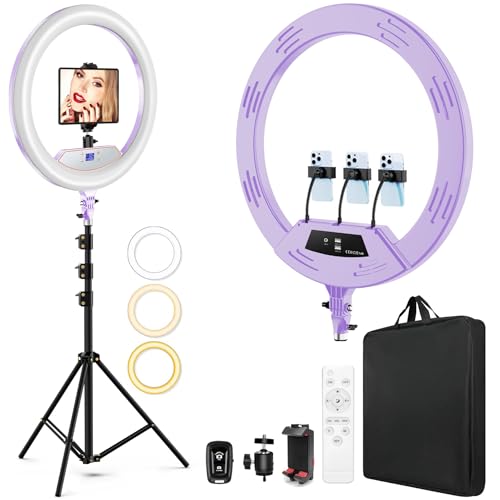 22"Ring Light with Stand,Ring Light Tripod for iPhone ipad,with 75"Tripod/LCD Display/4 ipad iPhone Clips/2 USB Ports,2600K-6500K Color Temperature,for Barber Makeup Tattoo TikTok Video Recording Vlog - color: Purple