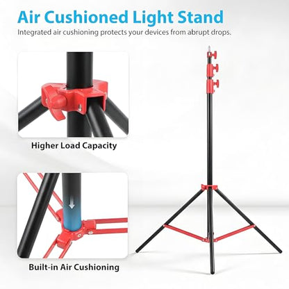 Light Stand Photography, 9.2ft/280cm Air-Cushioned Heavy Duty Studio Light Stand with 1/4" and 3/8" Screw, Aluminum Alloy Photo Video Tripod Stand for Ring Light, Softbox, LED Panel, Max Load 22lb - color: Red