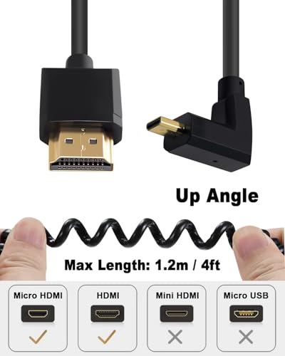 Duttek 4K 90 Degree HDMI to Micro HDMI Coield Cable 1FT-4FT, Extreme Slim UP Angled Micro HDMI Male to HDMI Male Coiled Cable for 1080P, 4K, Ultra HD, 3D - size: UP Angled 1.2M