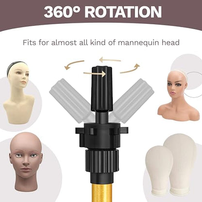 ZQIAN BEAUTY Wig Stand Tripod 50 Inch Metal Wig Mannequin Head Tripod Stand For Hairdressing Training Head Adjustable Wig Tripod Stand with Tool Tray (Golden, Mannequin Head Not Included) - color: Golden, size: 50 Inch