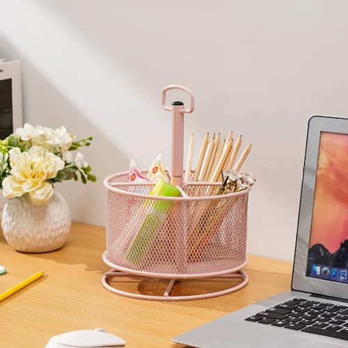 Marbrasse Mesh Desk Organizer, 360-Degree Rotating Multi-Functional Pen Holder, 4 Compartments Desktop Stationary Organizer, Home Office Art Supply Storage Box Caddy (Pink) - color: Pink