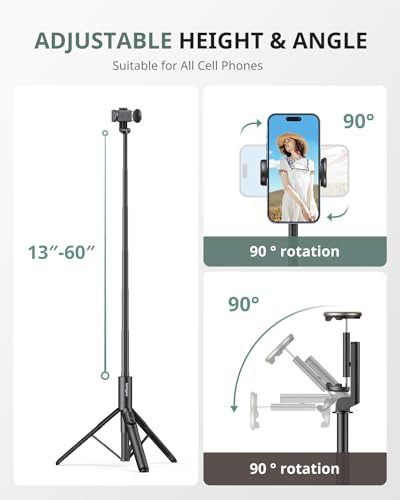 Sensyne 60" Phone Tripod - Selfie Stick, Lightweight All in One Phone Tripod Integrated with Wireless Remote Compatible with All Cell Phones for Selfie/Video Recording/Photo/Live Stream/Vlog（Black） - size: 60in