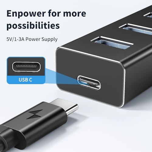 atolla Aluminum 7-Port USB 3.0 Hub with 1m Extension Cable - 5Gbps High-Speed Data Transfer for MacBook Pro, Laptop, PC, Gaming Setup - color: Black