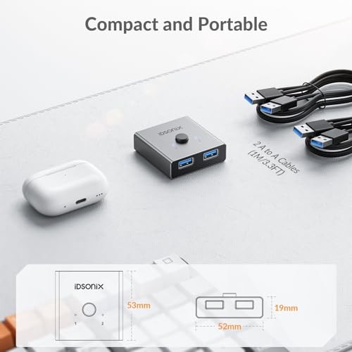 IDsonix USB 3.0 Switch for 2 Computers Share 1 Device | 1 in 2 Out Bi-Directional For Printers/Keyboards/Mice, 5Gbps Plug and Play Switcher Support CarPlay,Android Auto,Aluminum - style: Aluminum