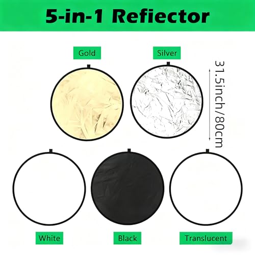 5-in-1 Photography Reflector 32"(80cm), Multi-Disc Collapsible Light Reflector with Bag - Super Portable for Studio/Macro Photography - Translucent, Silver, Gold, White and Black - size: 32“/80cm