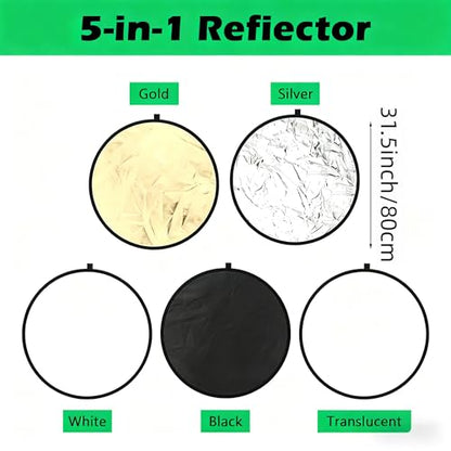 5-in-1 Photography Reflector 32"(80cm), Multi-Disc Collapsible Light Reflector with Bag - Super Portable for Studio/Macro Photography - Translucent, Silver, Gold, White and Black - size: 32“/80cm