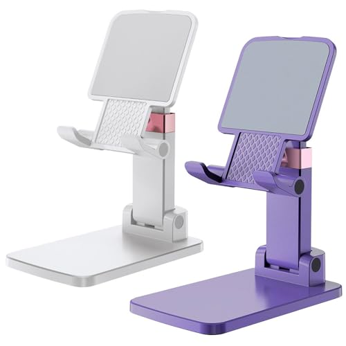 Cell Phone Stand Cute Mobile Holder For iPhone Desk Office Accessories | for thick cases; Under 12" Tablets, e-readers; Folds flat; Anti-slip; Weighted base - color: 11-White&Purple