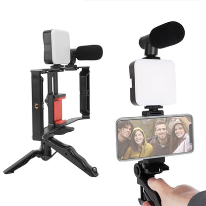 Phone Live Streaming Kit, Wireless Vlogging Kit with Fill Light Microphone and Handheld Tripod, 3 - Level Brightness Smartphone Video Rig for Live Selling Online Teaching